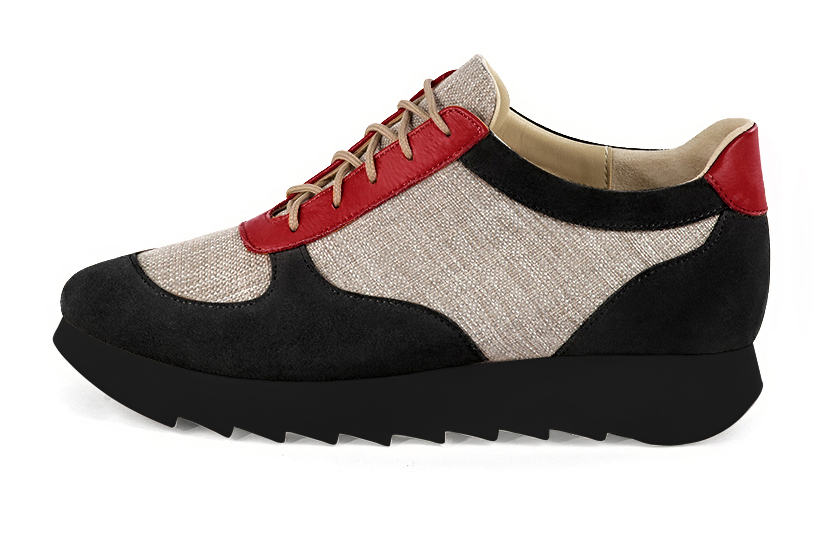 Matt black, natural beige and cardinal red women's three-tone elegant sneakers. Round toe. Low rubber soles. Profile view - Florence KOOIJMAN